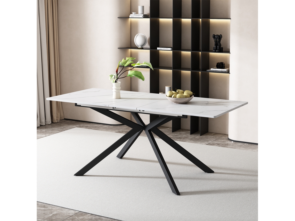Mesa De Jantar Extensível Automática 150/180x70x76 Cm, Retangular, Design Com Base Cruzada E Efeito Mármore Preto E Branco