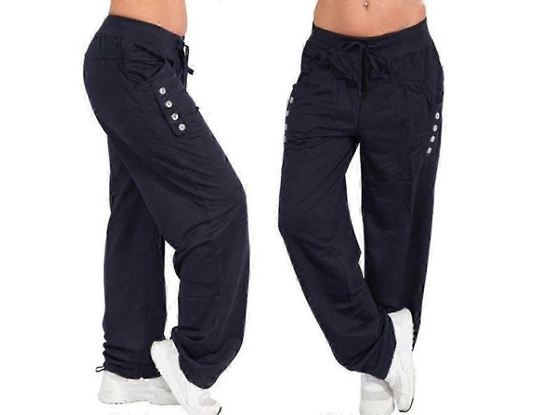 Calcinha De Moletom Feminina Leg Straight Solta Calça De Corrida Confortável Com Cordão E Bolsos Para Academia Azul Marinho