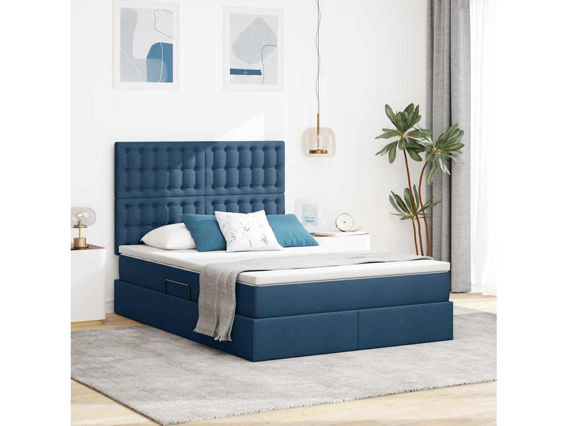 Vidaxl Cama De Armazenamento Led Com Colchão Azul 140 X 200 Cm Tecido