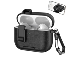 Capa em Couro Vegano para Airpods Pro 2, com Mosquetão, compatível com Carregamento Sem Fio, Preta