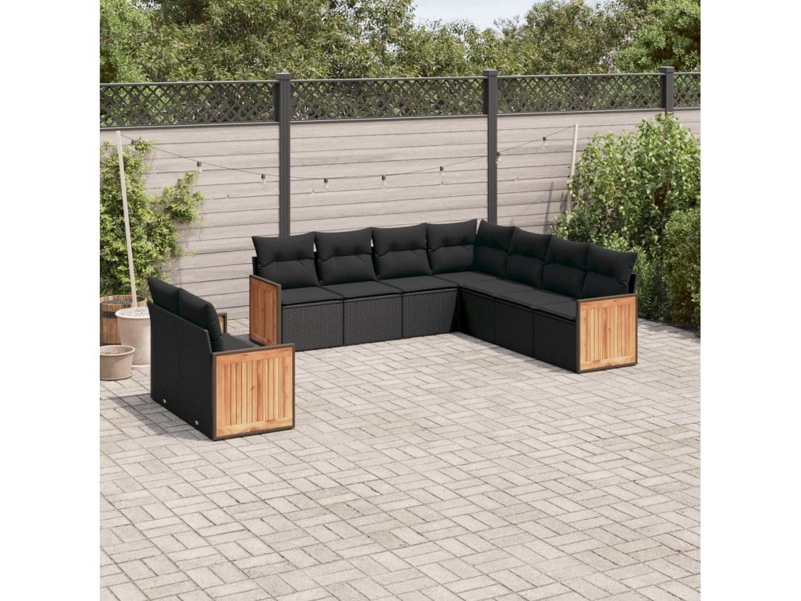 Vidaxl 9 Pcs Conjunto De Sofás P/ Jardim C/ Almofadões Vime Pe Preto