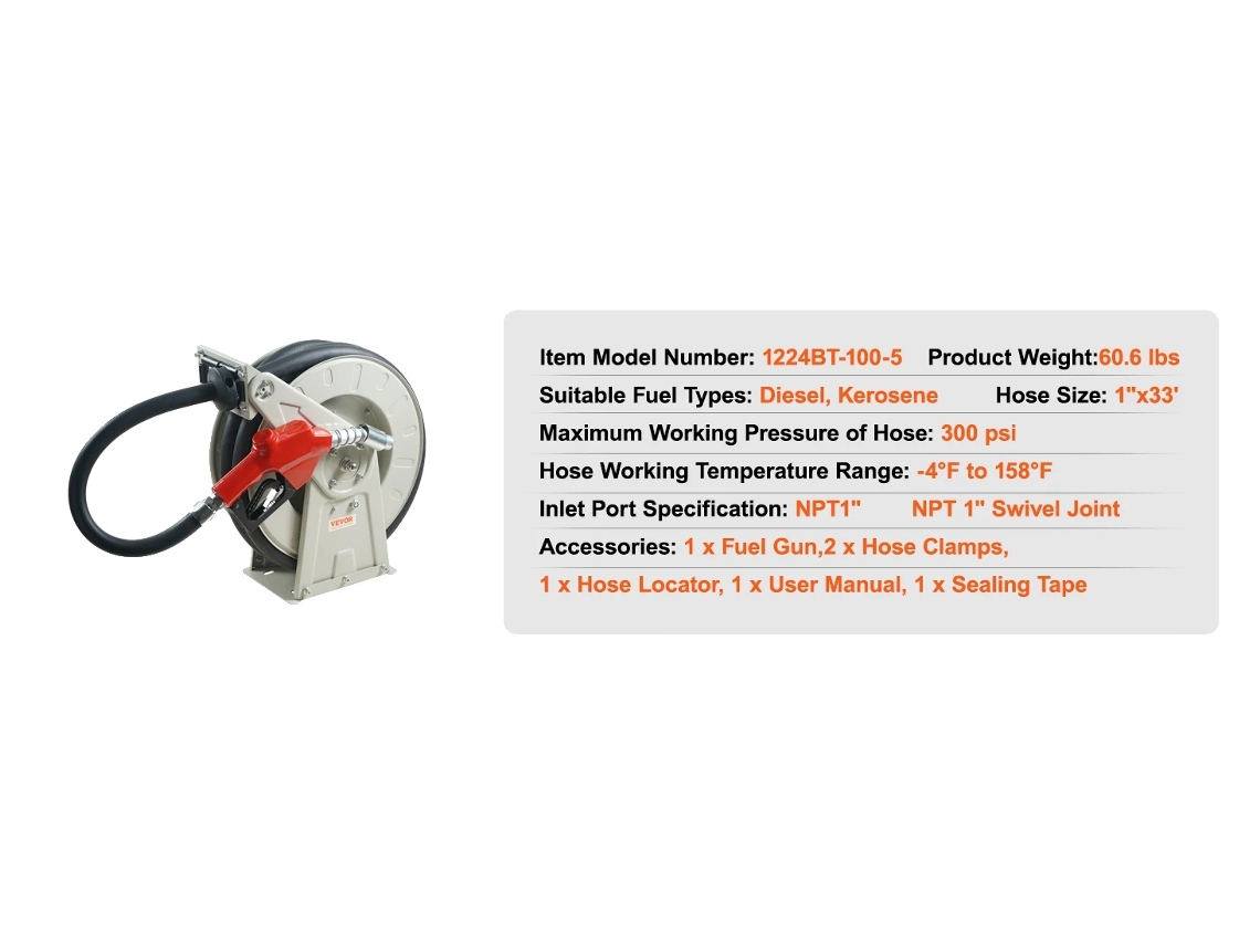 Carretel De Mangueira De Combustível, Retração Automática, Pressão De 300 Psi, 33 Ft