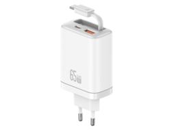 Cargador Rápido Usams Cc299 Con Enchufe Europeo de 65 W, Adaptador de Corriente Usb c + Usb a Con Cable Retráctil Usb c Blanco