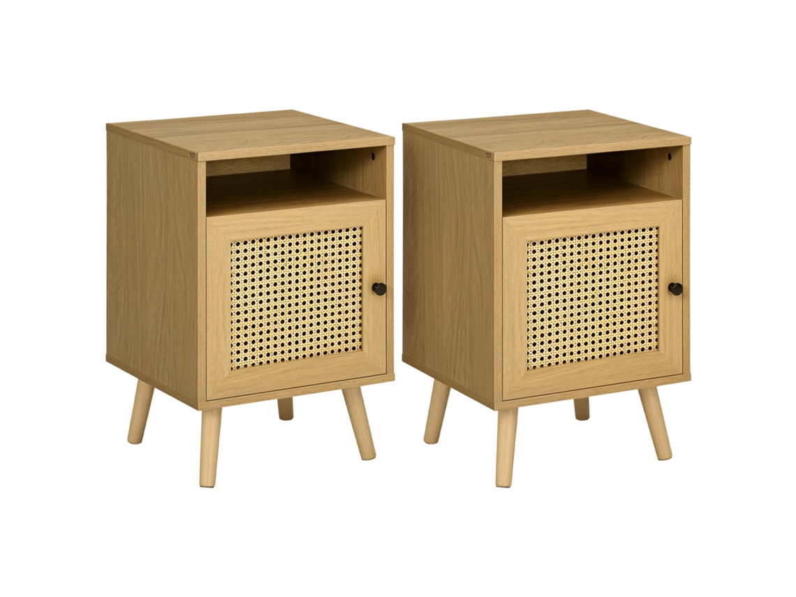 Conjunto de 2 mesinhas de cabeceira com armário e prateleira 39x35x60cm Rattan