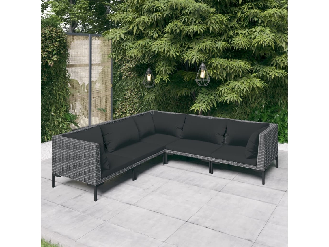 Conjunto 5 Peças Lounge Jardim C/ Almofadões Vime Pe Cinza Escuro Dkd Home Decor