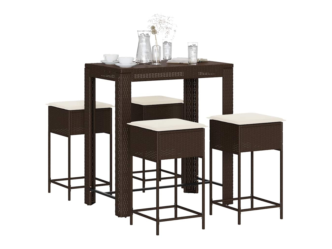 Vidaxl 5 Pcs Conjunto De Bar P/ Jardim C/ Almofadões Vime Pe Castanho