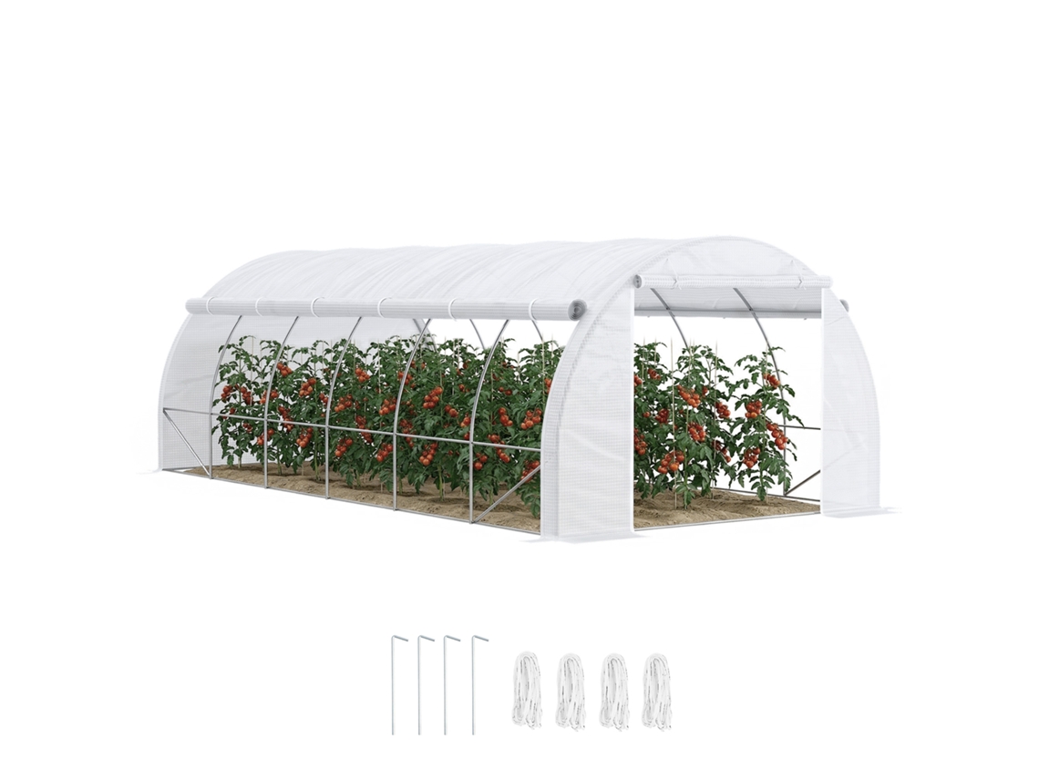 Estufa Tipo De Túnel De Jardim 6x3x2m Com Porta Enrolável 12 Janelas Cobertura De Pe 140g/m² E Metal Galvanizado Para Cultivos Branco