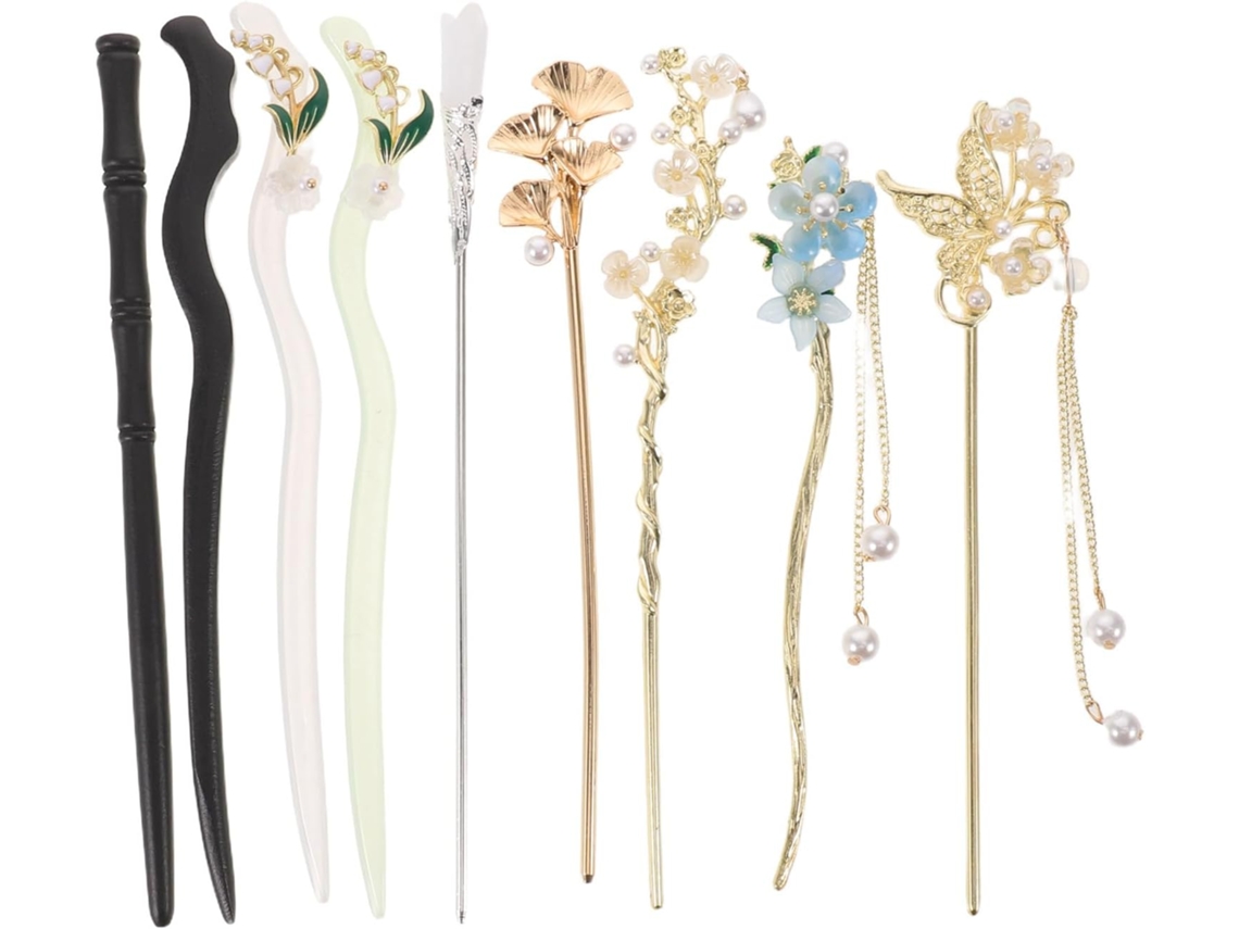 Conjunto de 9 presilhas de cabelo de metal estilo asiático com flor para presilhas de cabelo.