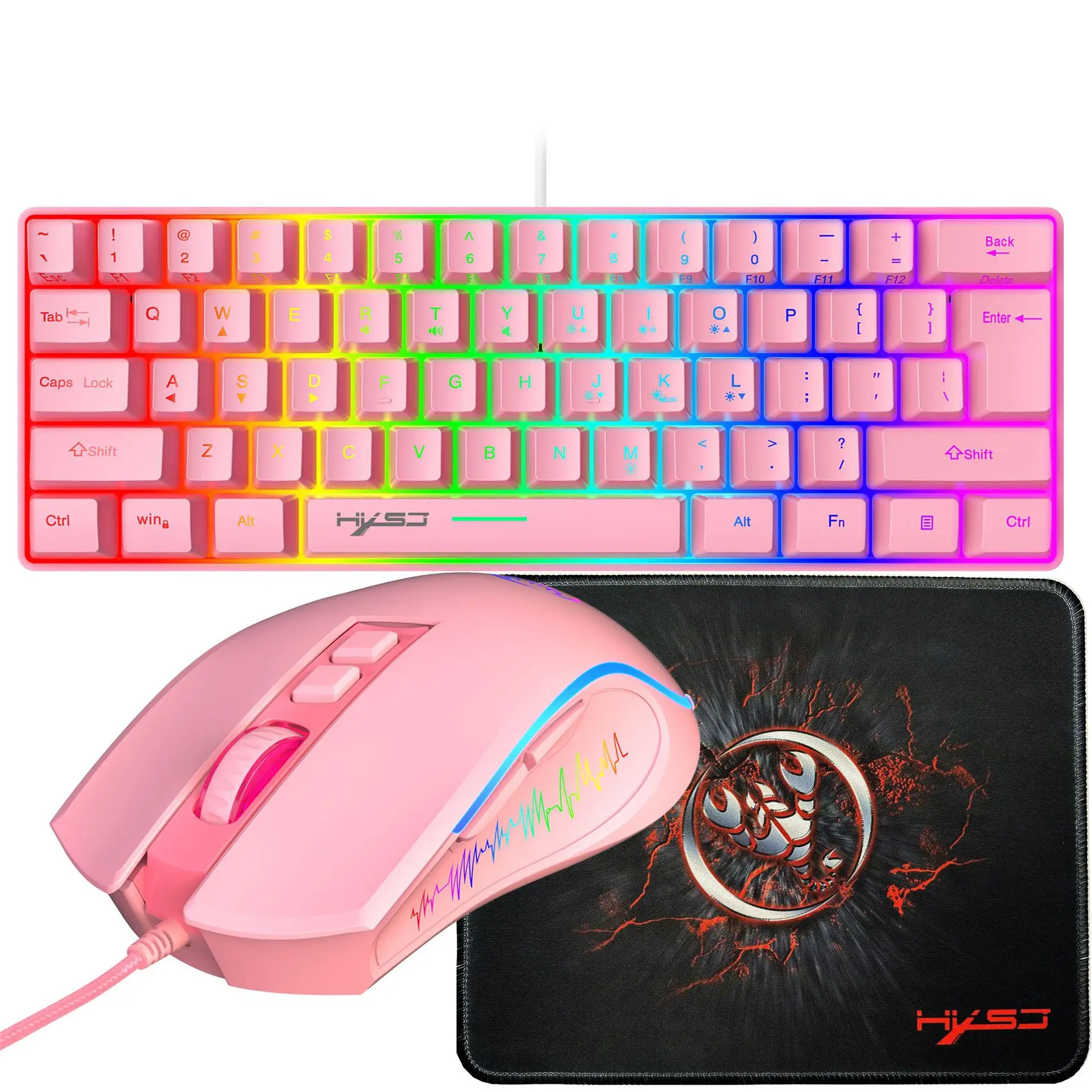 (rosa) Conjunto De Teclado E Mouse Para Jogos Com Fio E 61 Teclas, Com Iluminação Rgb.