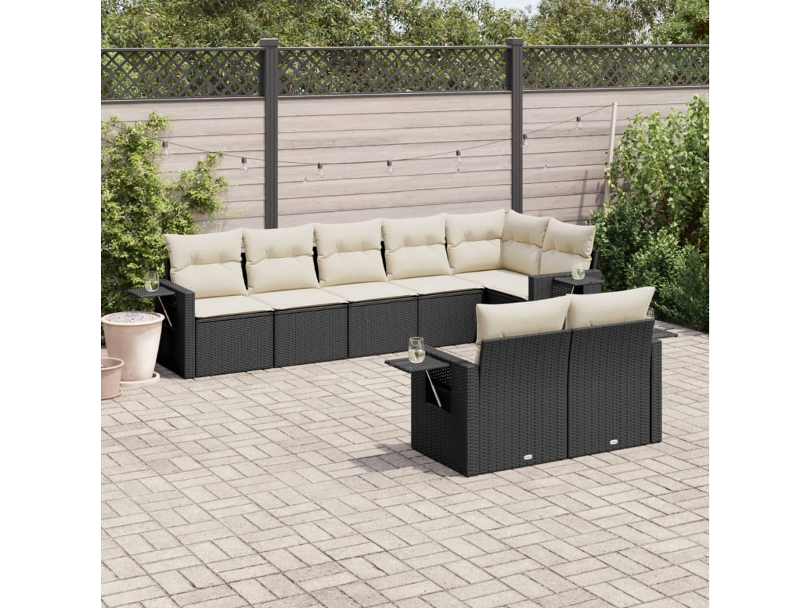 Vidaxl 8 Pcs Conjunto Sofás De Jardim Com Almofadões Vime Pe Preto
