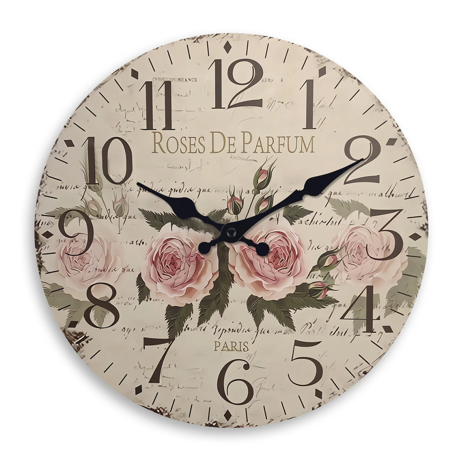 Relógio de parede vintage de madeira com estampa "Rosa Perfume" (25 cm), silencioso e com mecanismo de quartzo.