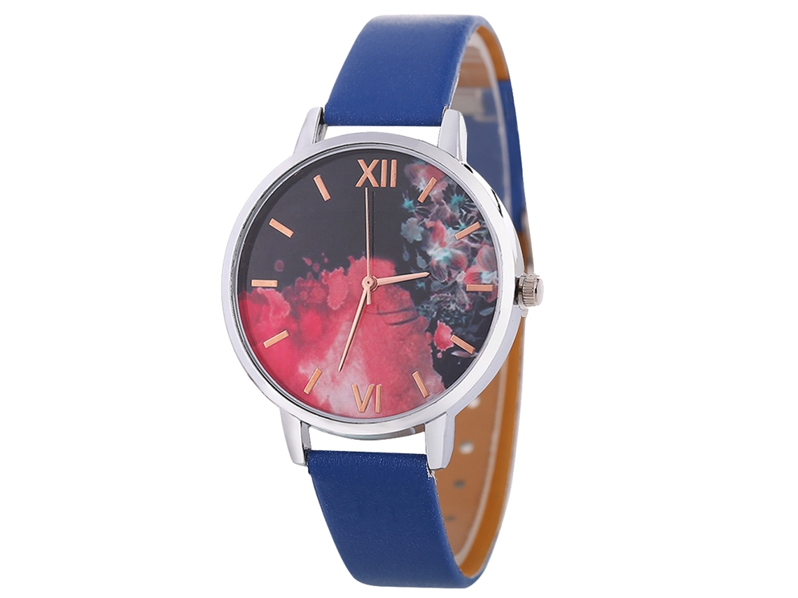 Relógio Casual Feminino Estilo Coreano Pulseira de Couro Movimento de Quartzo Azul