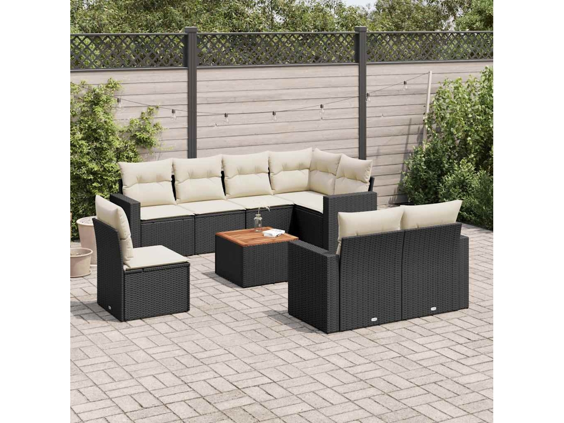 Vidaxl 9 Pcs Conjunto De Sofás P/ Jardim C/ Almofadões Vime Pe Preto