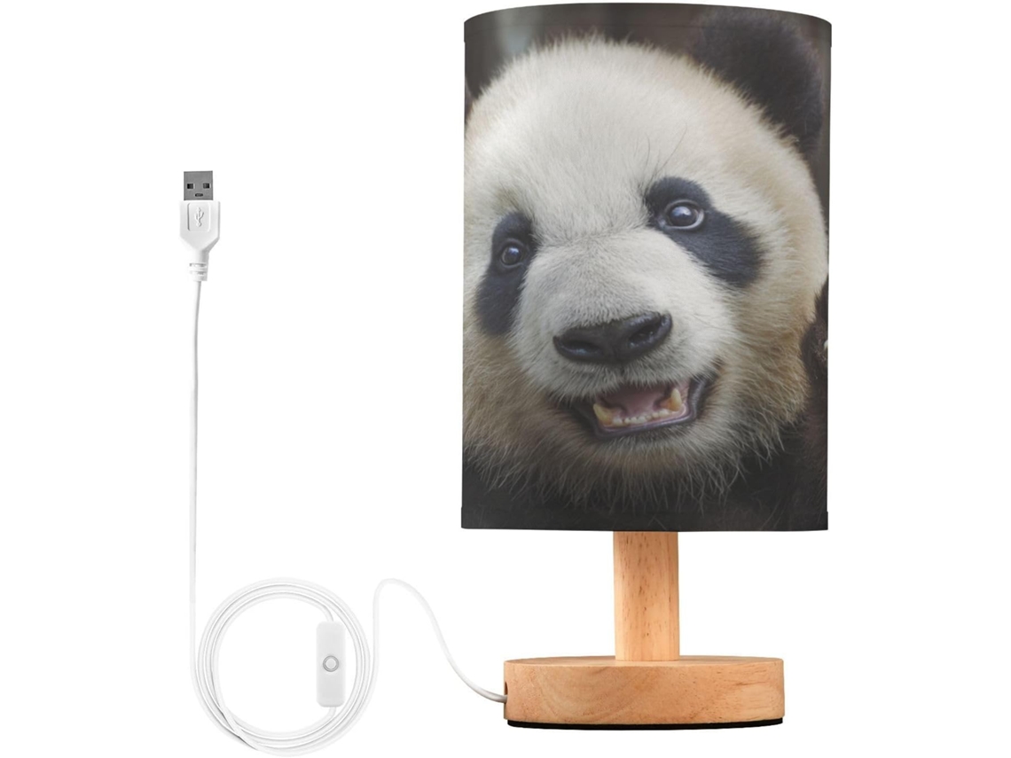 Luminária De Cabeceira Led Em Formato Panda Para Quarto, Luminária De Leitura Com Cúpula Tecido, Base De Madeira E Porta