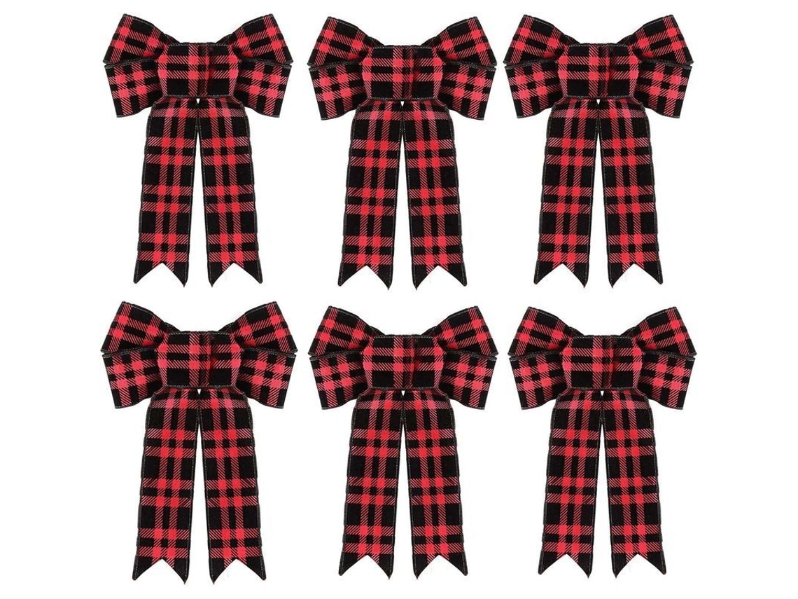 Juego De 6 Lazos Decorativos Para Árbol De Navidad, Negro Y Rojo, 17,5x23,1 Cm, Tela De Lino, Reutilizables