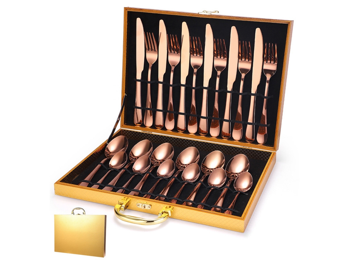 Conjunto De Talheres Em Aço Inoxidável (caixa De Madeira Com 24 Peças - Cor Ouro Rosa) Incluindo Facas, Garfos E Colheres Em Aço Inoxidável.