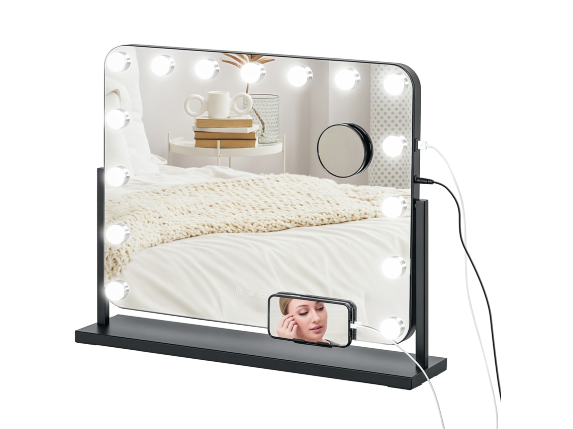 Espelho de Maquilhagem Estilo Hollywood Giratório com 14 Led Entrada Usb para Toucador 62,5x14x49,5 Cm Preto VOLTEDGE