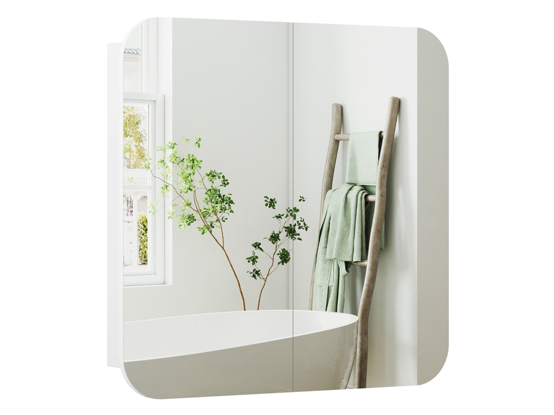 Armário De Casa De Banho Com Espelho E Bordas Curvas, Prateleiras Ajustáveis, 68x13x66 Cm, Branco