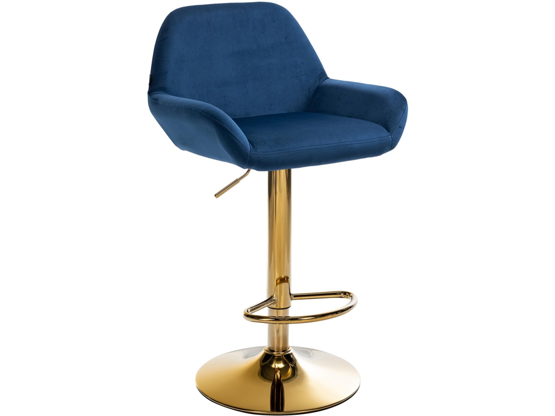 Banqueta de bar X1 com apoio para os pés e braços em veludo azul, base em forma de trombeta em metal dourado 10_0006493