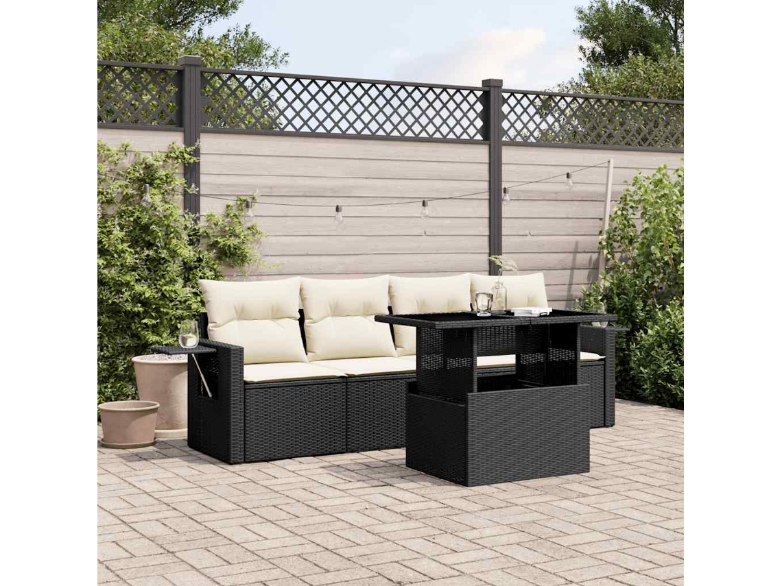 Vidaxl 5 Pcs Conjunto Sofás De Jardim Com Almofadões Vime Pe Preto