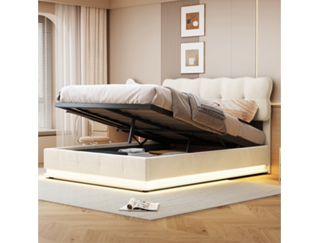 Cama Moderna Estofada Com Led, Cama Hidráulica, Elegante Cama De Casal 160 X 200 Cm, Veludo Bege, Sem Colchão. Rosahqnda