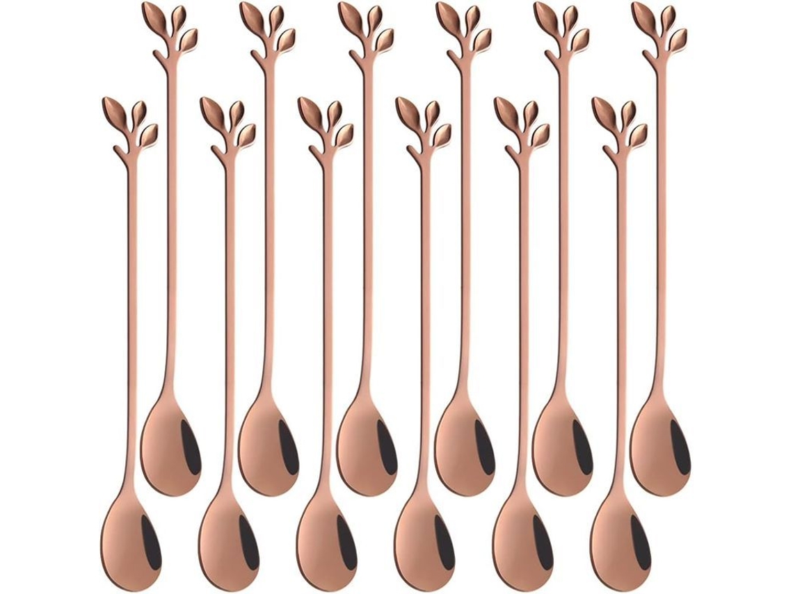 Conjunto de 12 Colheres Longas para Chá Gelado, Inox, Design Folha, Lavável, Dourado Rosa