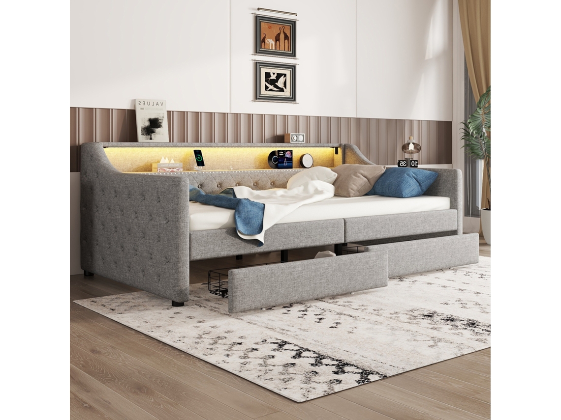 Cama De Dia 90x200cm, Sofá-cama, Base Ripas, Luz Ambiente Controle Remoto, 2 Gavetas, Usb, Linho, Cinza, Sem Colchão-op