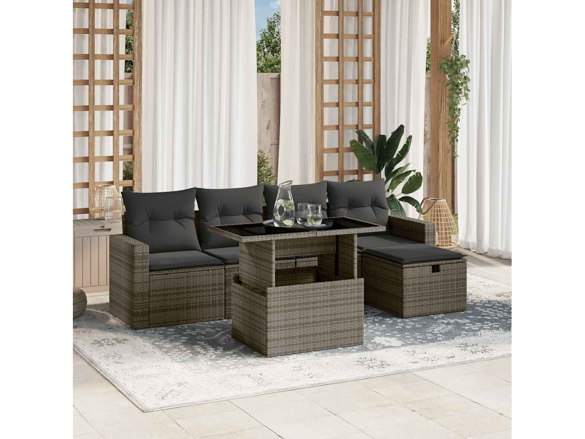 Vidaxl 6 Pcs Conjunto Sofás De Jardim Com Almofadões Vime Cinzento