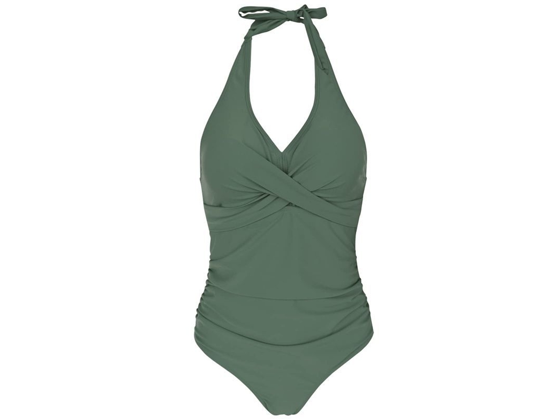 2026-traje De Baño Monokini Com Controle Abdominal, Gola Halter E Decote V Profundo, Verde