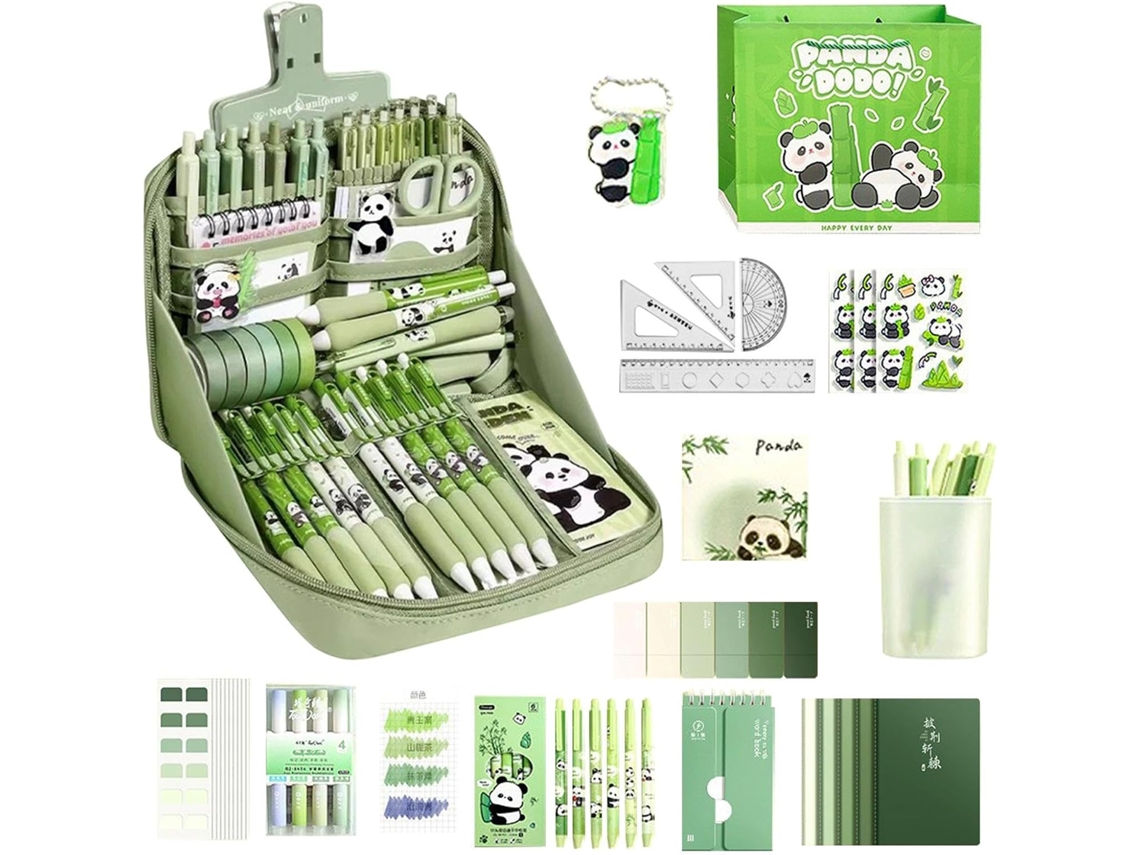 Kit Escolar Fofo Com Tema Panda, Conjunto Papelaria Educativa Para Meninas Caderno, Régua, Canetas, Adesivos,
