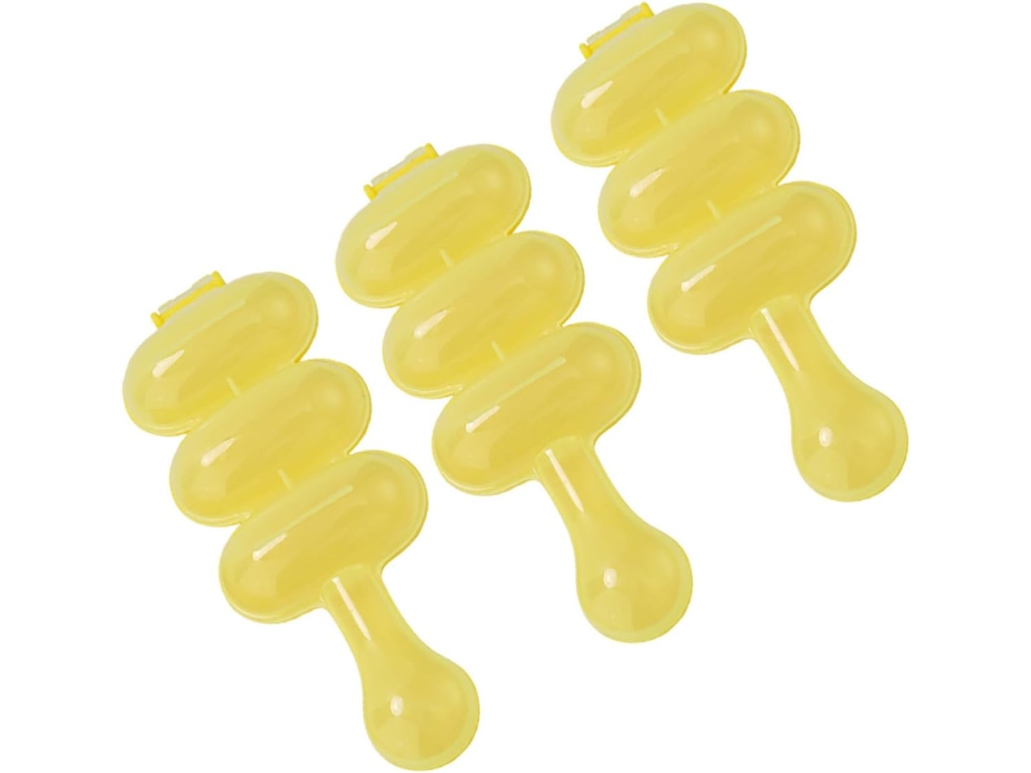 Conjunto de 3 recipientes redondos de plástico amarelo para conservar arroz.