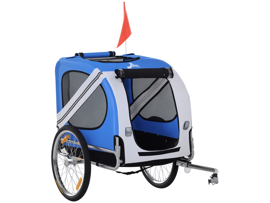 Trailer Bicicleta Animais 130x73x90cm com Refletores e Barra Arnês, Branco Azul