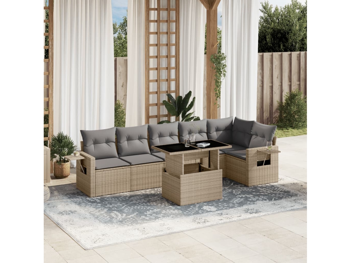 Vidaxl 7 Pcs Conjunto De Sofás P/ Jardim Com Almofadões Vime Pe Bege