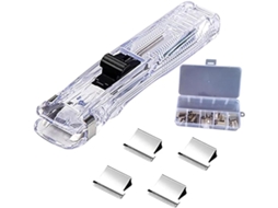 Dispensador portátil de clipes de papel, cortador de papel rápido com 50 clipes, metal dourado, documentos reutilizáveis.