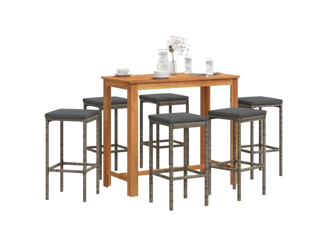 Vidaxl 7 Pcs Conjunto De Bar P/ Jardim Acácia Maciça/vime Pe Cinzento