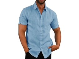 Camisa Casual Masculina De Algodão E Linho Listrada Manga Curta Para Primavera/verão Azul Claro