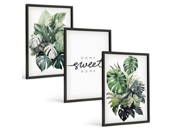 Composição De Quadros Na Parede Plantas Com As Palavras ''doce Lar'' Moldura Preta Imagens Para Um Quarto Infantil Espelharte (3 Piezas De 40x60 Cm)