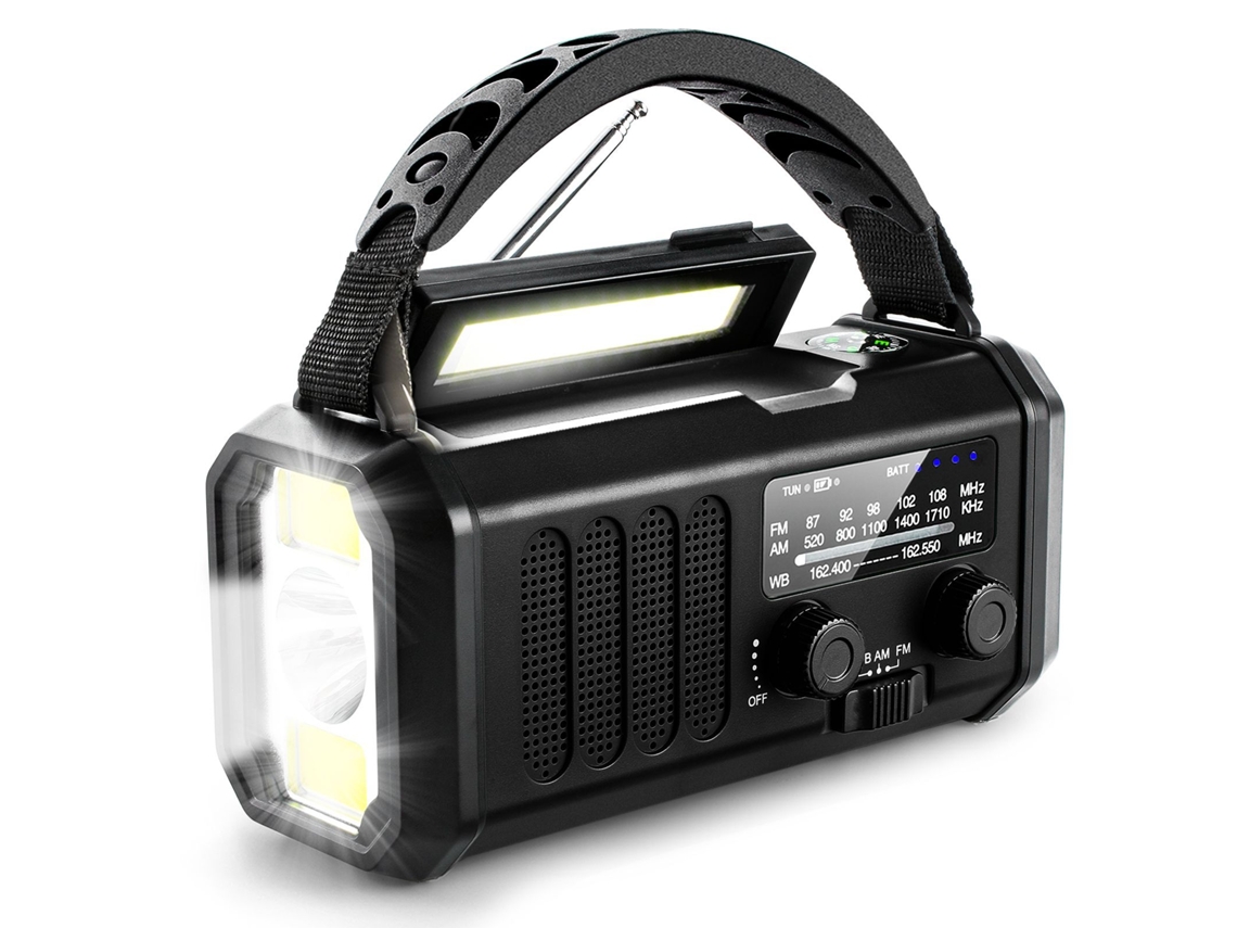 Rádio Portátil com Manivela, Lanterna LED, Multibanda, Solar, WB | AQUAFORGE