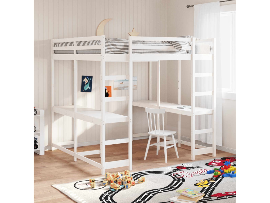 Cama Alta C/ Secretária E Escada 160x200 Cm Pinho Maciço Branco