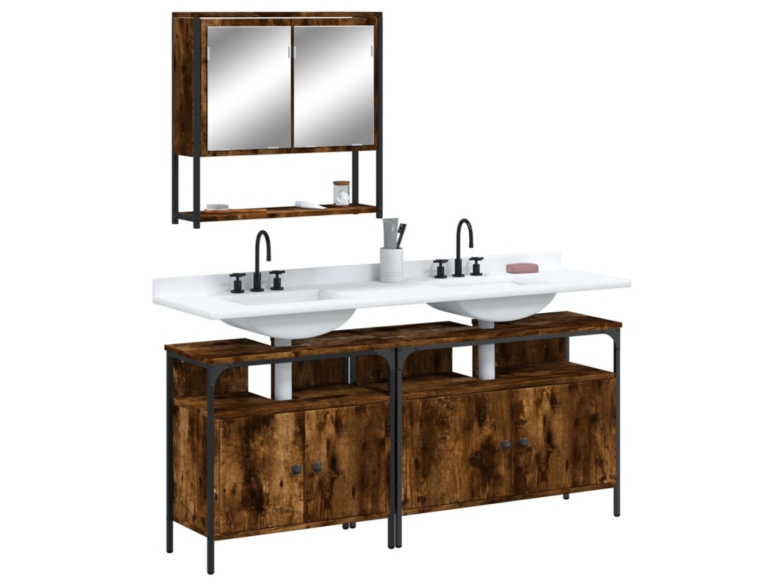 Vidaxl 3 Pcs Conjunto De Móveis Wc Madeira Processada Carvalho Fumado