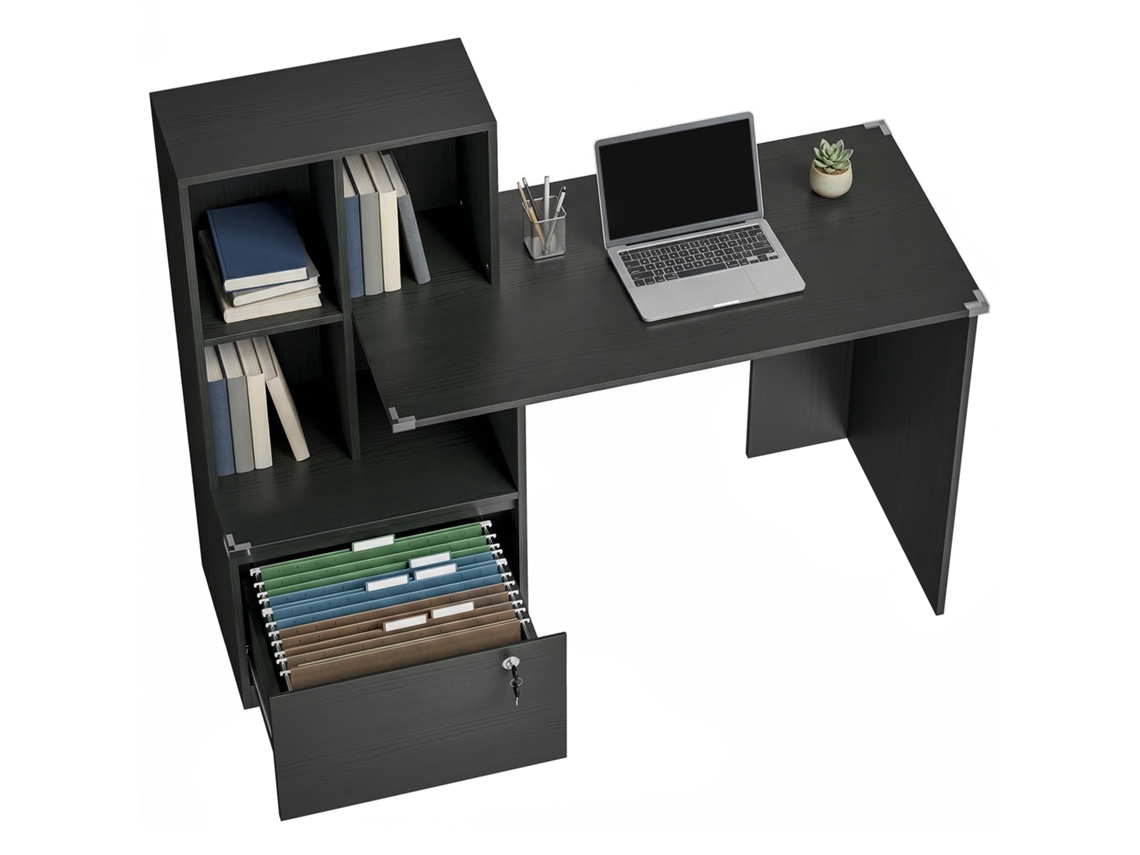 Mesa de Computador CHEZMOI com estante de 4 compartimentos e gaveta com fechadura (126x50x109cm)