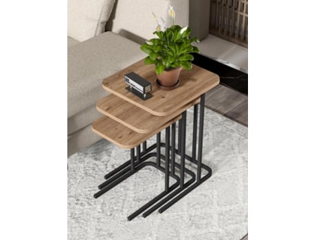 Conjunto De 3 Mesas Laterais Modernas Em Madeira Natural Pés De Metal, Design Minimalista, Fácil Montagem Casa Basics