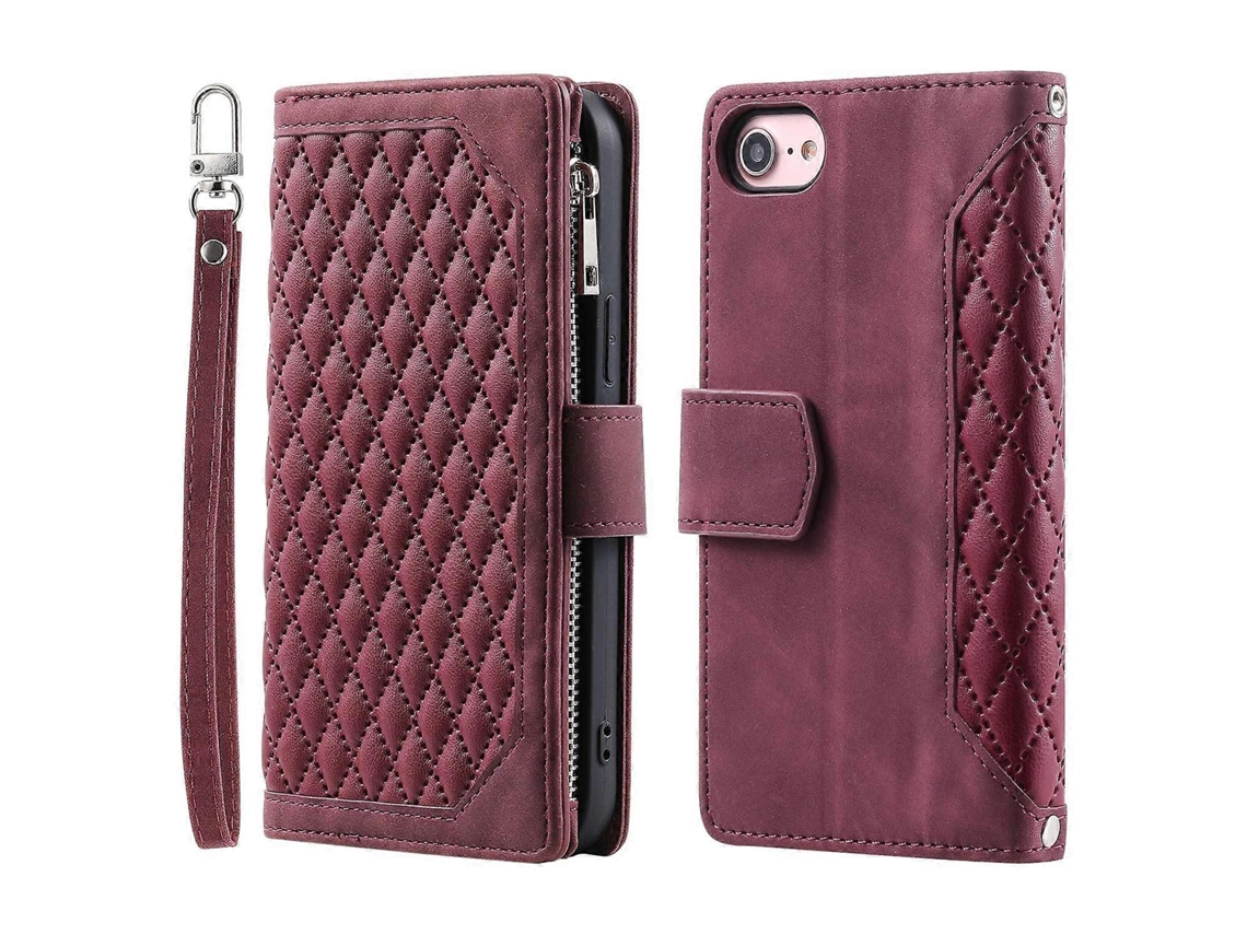 Capa Tipo Carteira De Couro Com Zíper E Alça Para Iphone 16e - Vinho Tinto