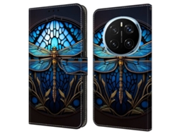 Capa Para Honor Magic7 Pro 5g Com Compartimento Para Cartão, Estampa Em Couro Pu Flexível, Libélula Azul