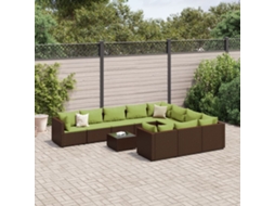 Vidaxl 11 Pcs Conjunto Sofás De Jardim C/ Almofadões Vime Pe Castanho