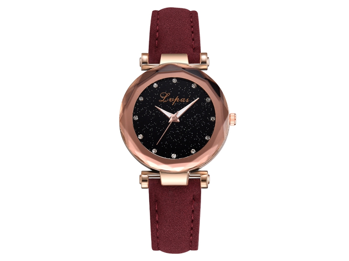 Lvpai Relógio de Pulso Feminino de Quartzo com Pedras Preciosas Pulseira de Couro Pu Vermelho