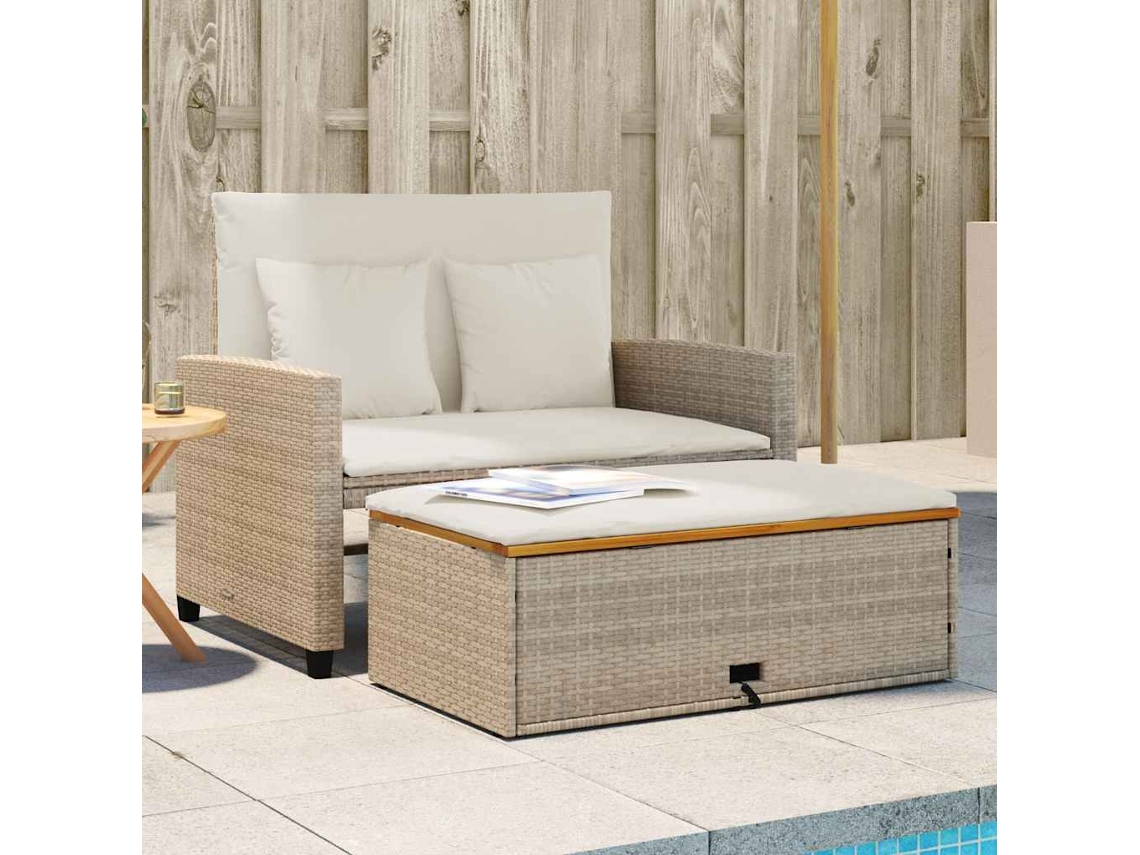 Vidaxl Sofá Jardim C/ Almofadões 2 Lugares Vime Pe/acácia Maciça Bege