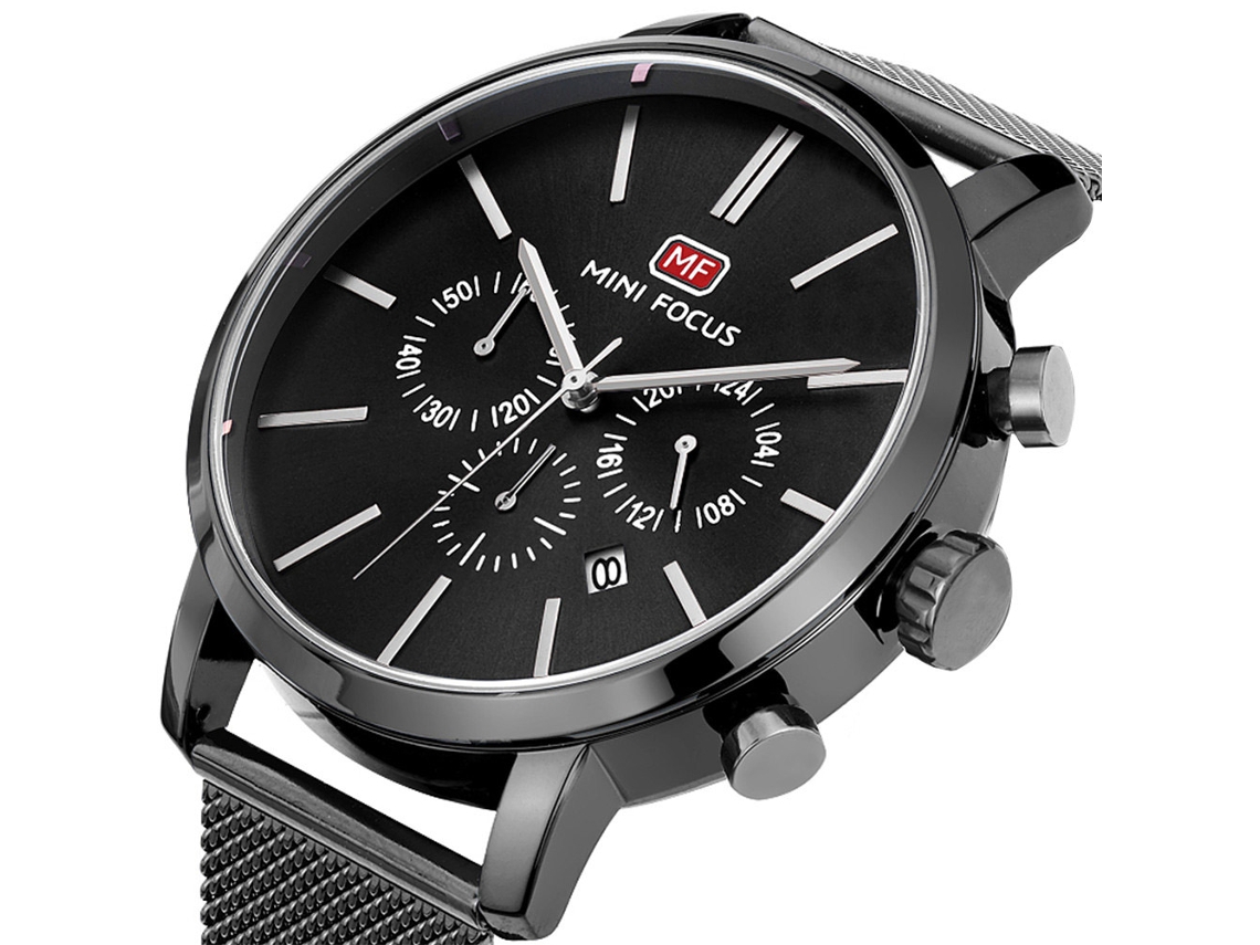 Relógio de pulso masculino de quartzo, mini, foco, redondo, multifuncional, preto, à prova d'água.