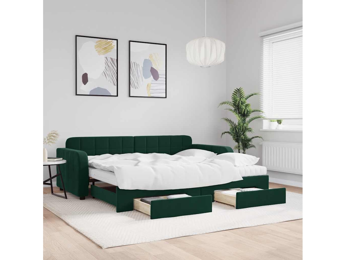Vidaxl Sofá-cama C/ Gavetão E Gavetas 90x200 Cm Veludo Verde-escuro