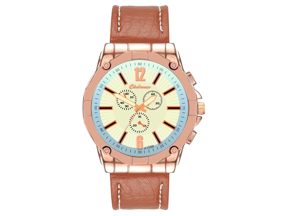 Relógio masculino de quartzo com pulseira de couro PU, estilo executivo, triplo mostrador, ouro rosa, marrom claro
